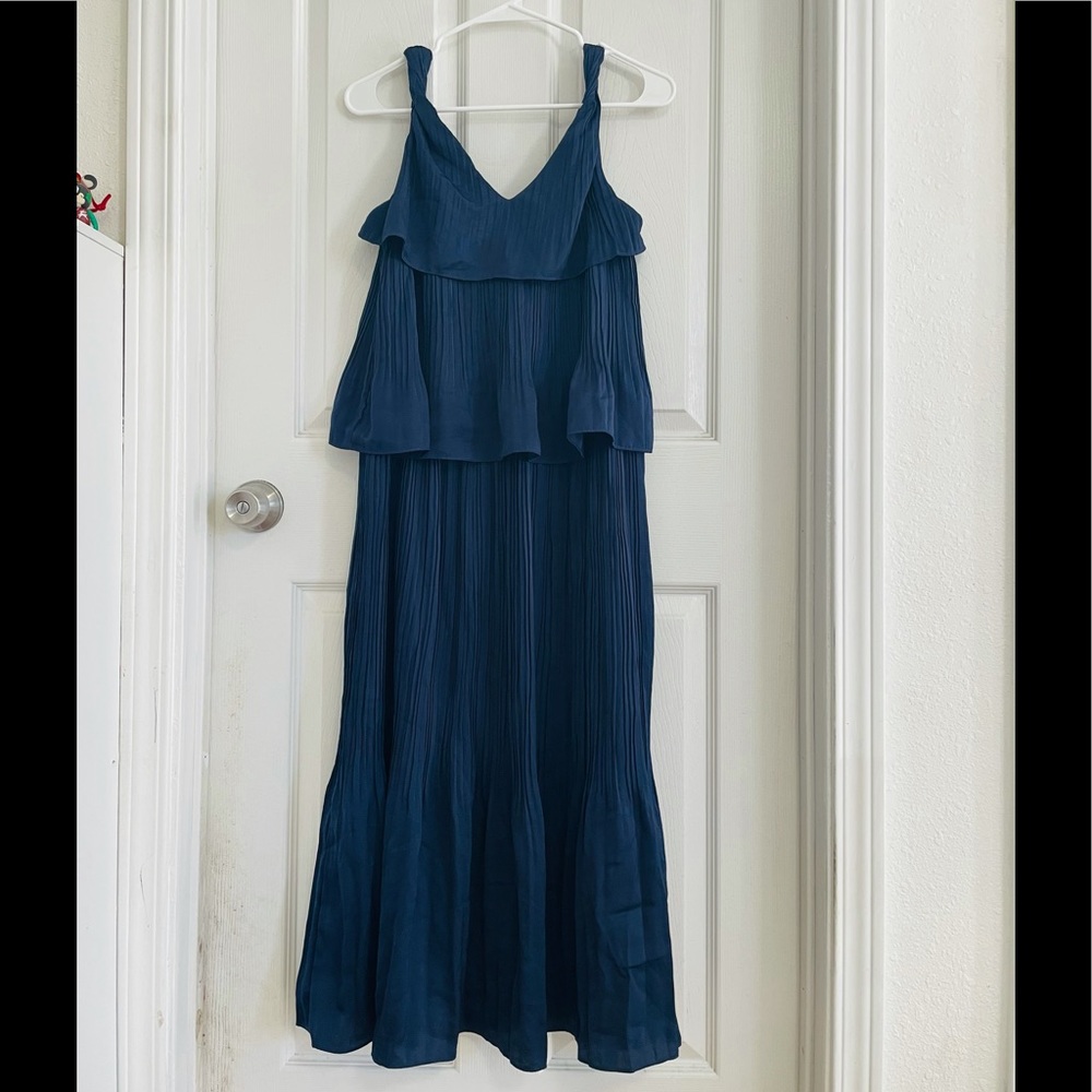 MAJE Rockanil Plisse Tiered Midi Dress In Navy